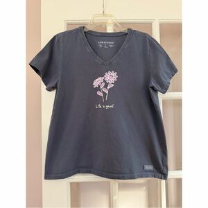 Life Is Good Blue Quirky Daisies Short Sleeve V-Neck Crusher Tee